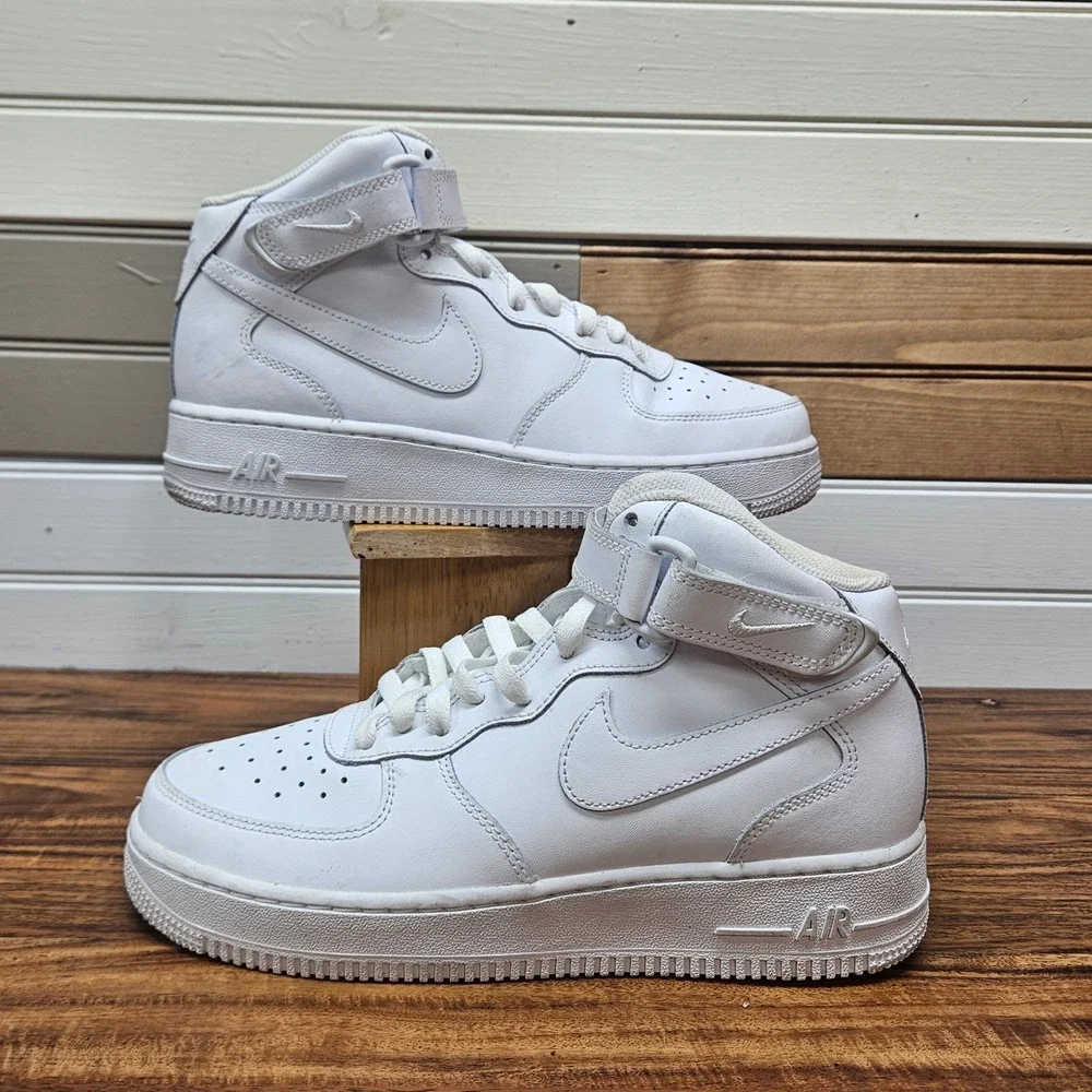 Nike Air Force 1 Mid GS Triple White Leather Sneakers 314195-113 Kids 7Y